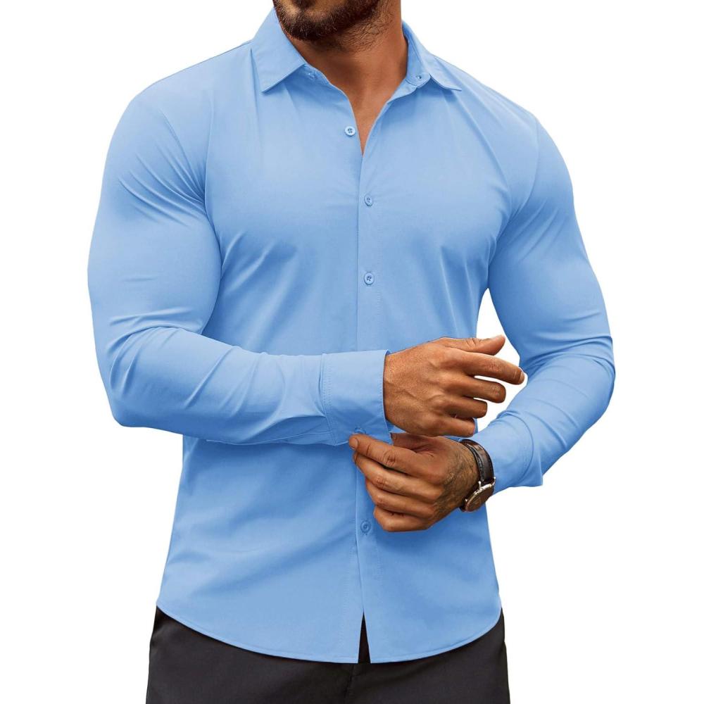 imageCOOFANDY Mens Muscle Fit Dress Shirts WrinkleFree Long Sleeve Casual Button Down ShirtsLight Blue