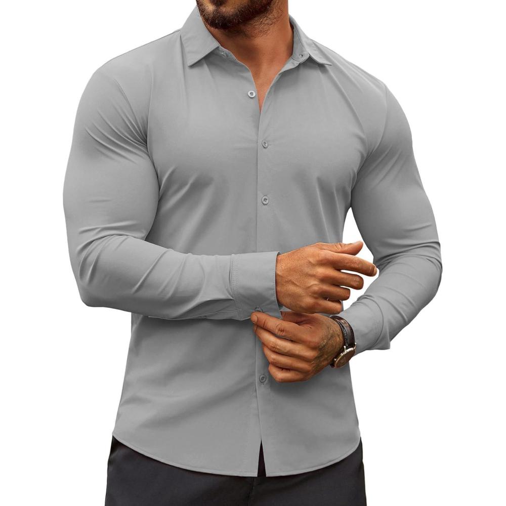 imageCOOFANDY Mens Muscle Fit Dress Shirts WrinkleFree Long Sleeve Casual Button Down ShirtsLight Grey