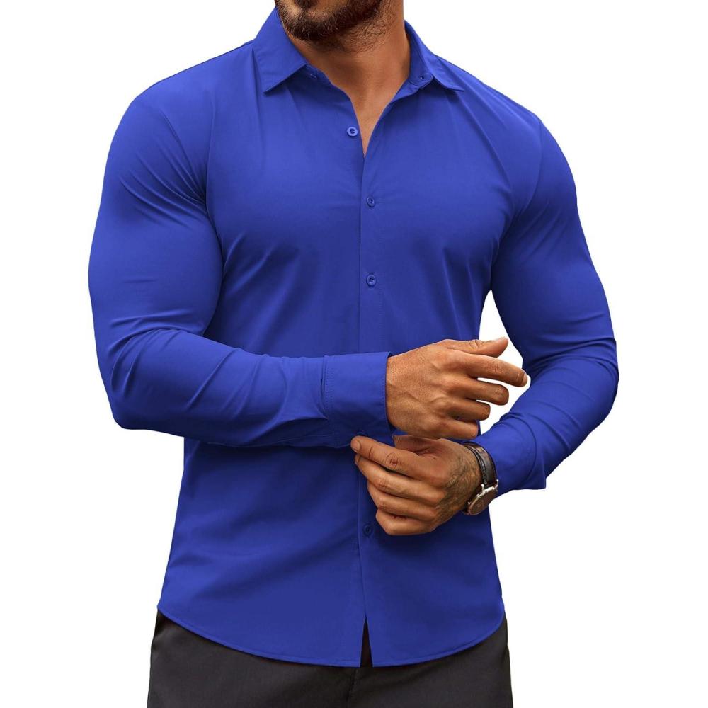 imageCOOFANDY Mens Muscle Fit Dress Shirts WrinkleFree Long Sleeve Casual Button Down ShirtsRoyal Blue