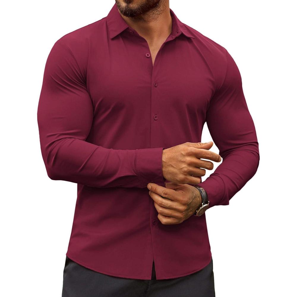 imageCOOFANDY Mens Muscle Fit Dress Shirts WrinkleFree Long Sleeve Casual Button Down ShirtsWine Red