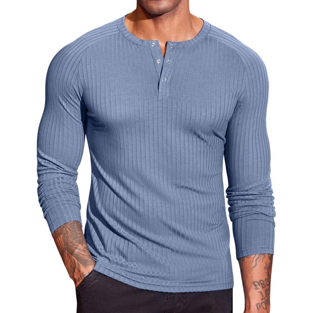 imageCOOFANDY Mens Muscle Slim Fit TShirt Long Sleeve Henley Shirts Casual Gym Workout Athletic Tee ShirtsBlue