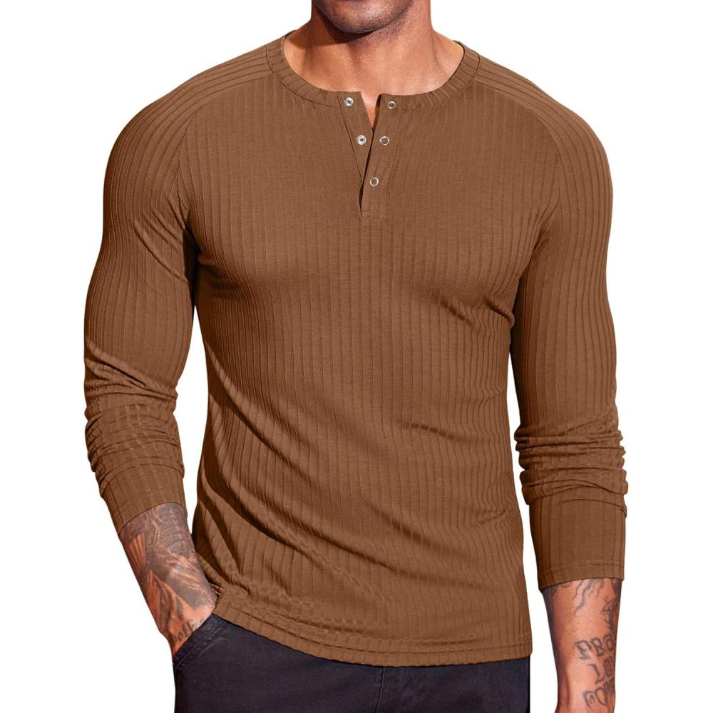 imageCOOFANDY Mens Muscle Slim Fit TShirt Long Sleeve Henley Shirts Casual Gym Workout Athletic Tee ShirtsBrown
