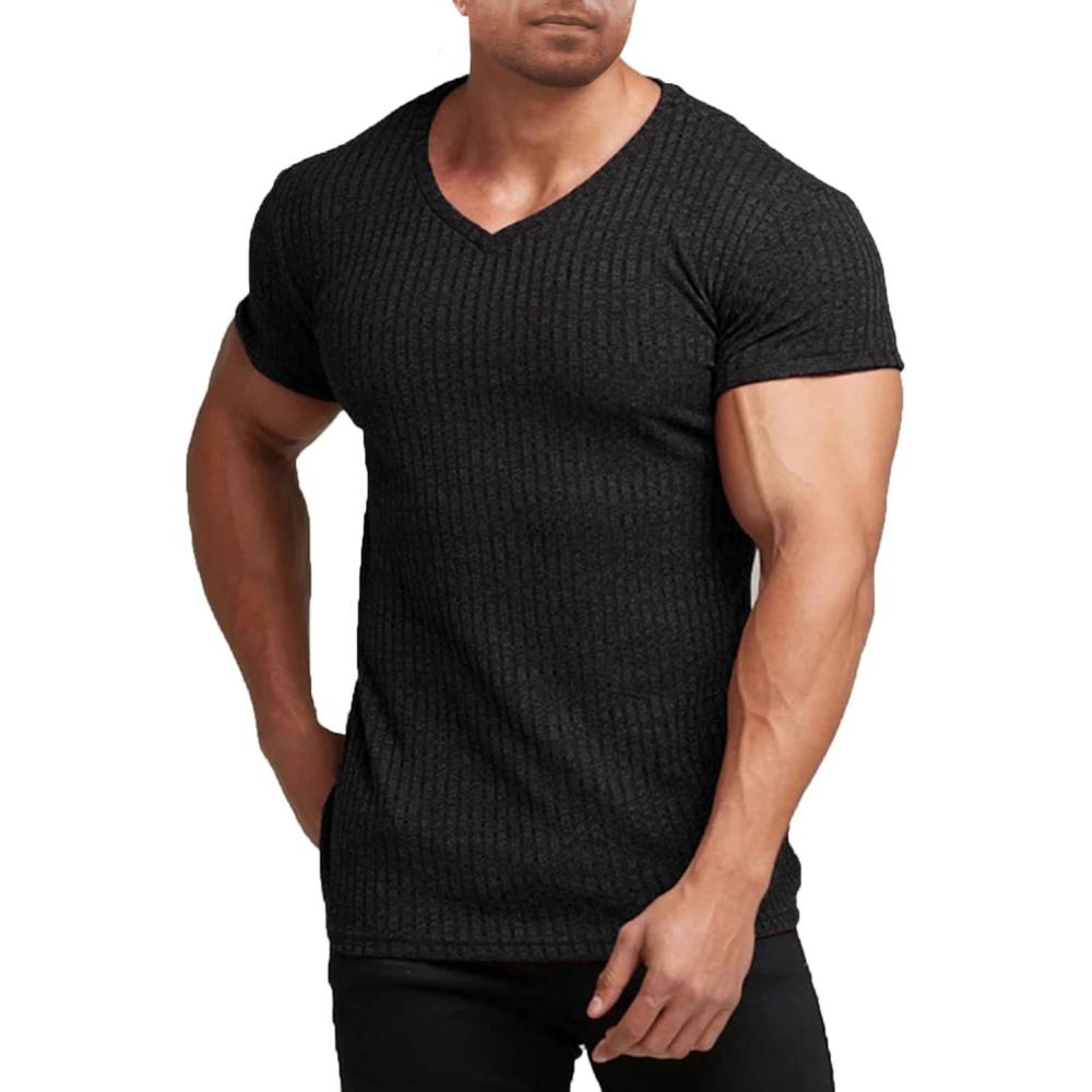 imageCOOFANDY Mens Muscle T Shirts Stretch Short Sleeve V Neck Bodybuilding Workout Tee Shirts Ribbed Knit Shirt01black