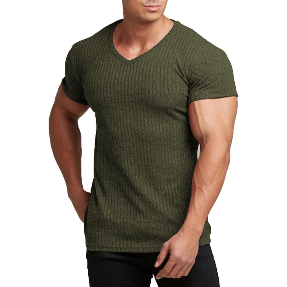 imageCOOFANDY Mens Muscle T Shirts Stretch Short Sleeve V Neck Bodybuilding Workout Tee Shirts Ribbed Knit ShirtArmy Green