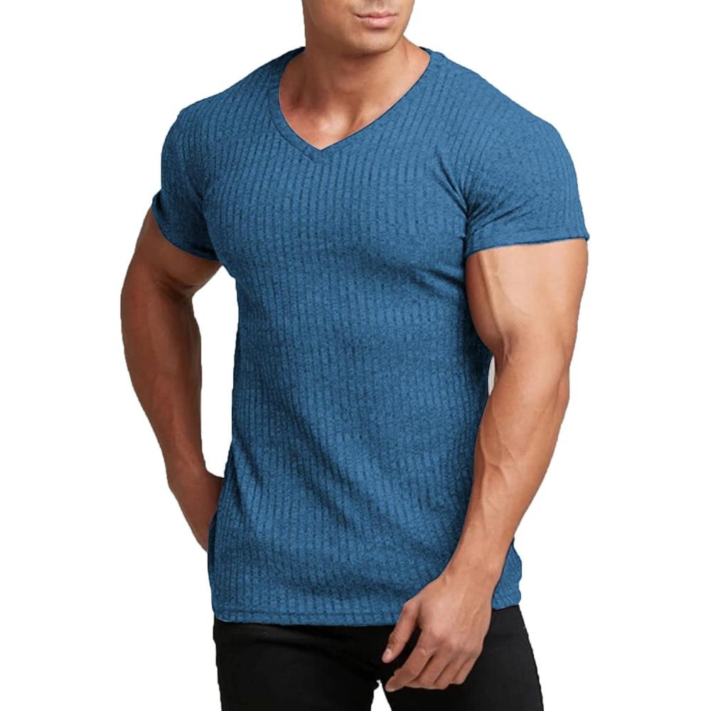 imageCOOFANDY Mens Muscle T Shirts Stretch Short Sleeve V Neck Bodybuilding Workout Tee Shirts Ribbed Knit ShirtBlue