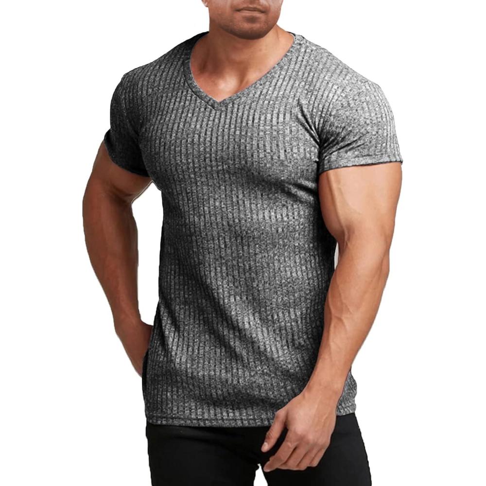 imageCOOFANDY Mens Muscle T Shirts Stretch Short Sleeve V Neck Bodybuilding Workout Tee Shirts Ribbed Knit ShirtDark Grey