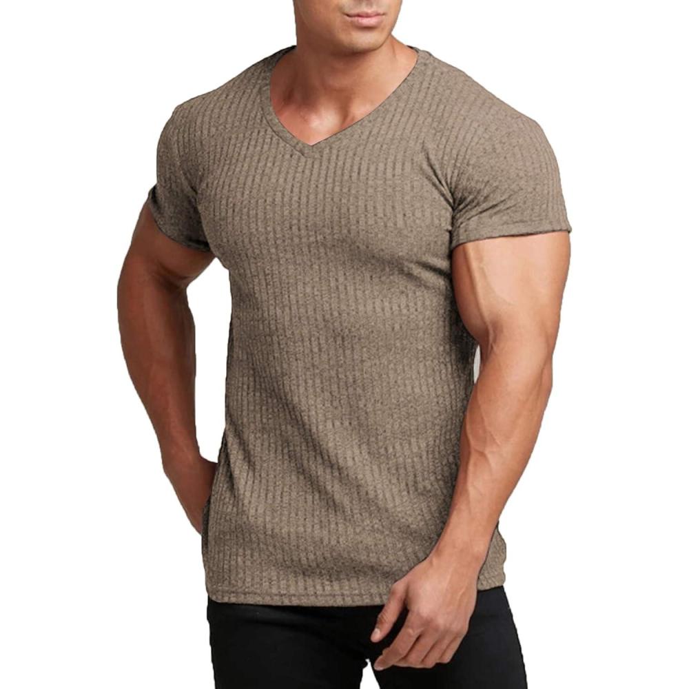 imageCOOFANDY Mens Muscle T Shirts Stretch Short Sleeve V Neck Bodybuilding Workout Tee Shirts Ribbed Knit ShirtDark Khaki