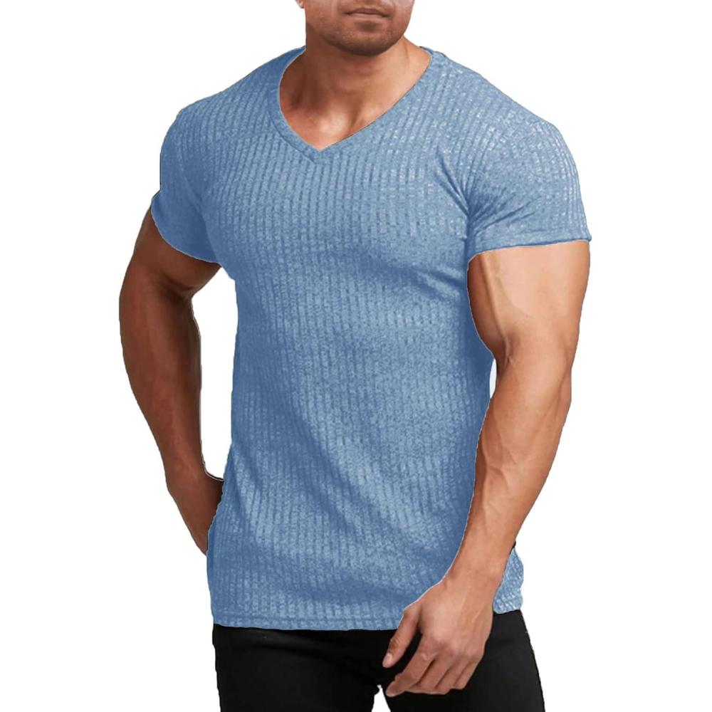 imageCOOFANDY Mens Muscle T Shirts Stretch Short Sleeve V Neck Bodybuilding Workout Tee Shirts Ribbed Knit ShirtLight Blue