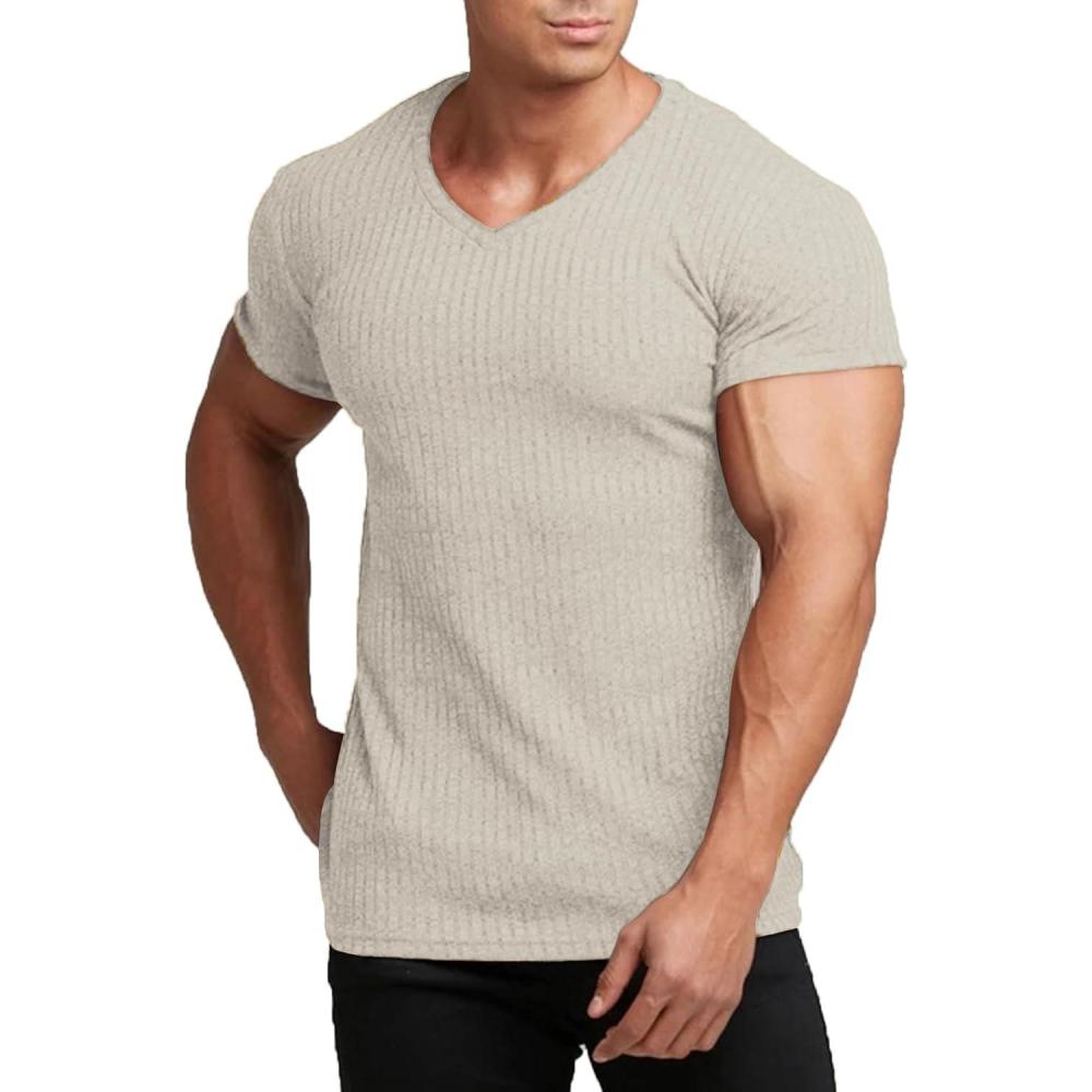 imageCOOFANDY Mens Muscle T Shirts Stretch Short Sleeve V Neck Bodybuilding Workout Tee Shirts Ribbed Knit ShirtLight Khaki
