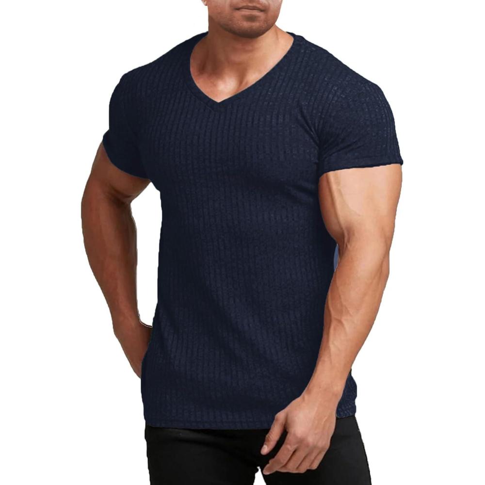 imageCOOFANDY Mens Muscle T Shirts Stretch Short Sleeve V Neck Bodybuilding Workout Tee Shirts Ribbed Knit ShirtNavy Blue