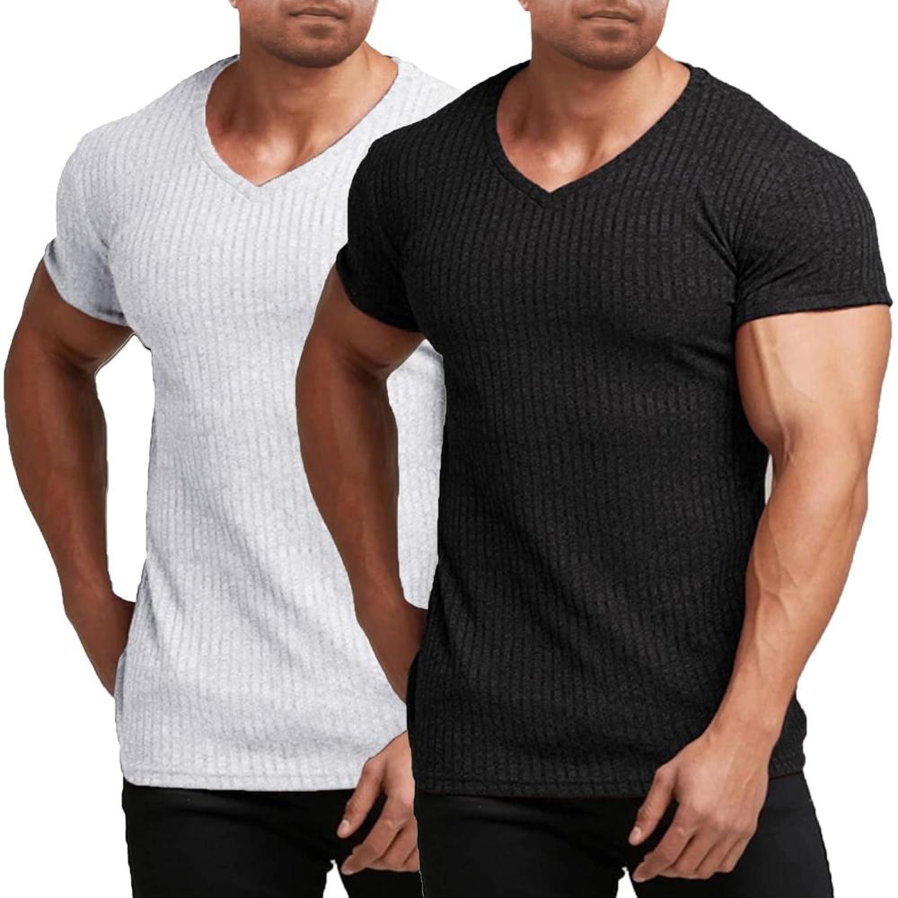 imageCOOFANDY Mens Muscle T Shirts Stretch Short Sleeve V Neck Bodybuilding Workout Tee Shirts Ribbed Knit ShirtWhiteBlack2 Pack