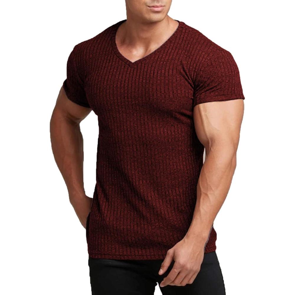 imageCOOFANDY Mens Muscle T Shirts Stretch Short Sleeve V Neck Bodybuilding Workout Tee Shirts Ribbed Knit ShirtWine Red