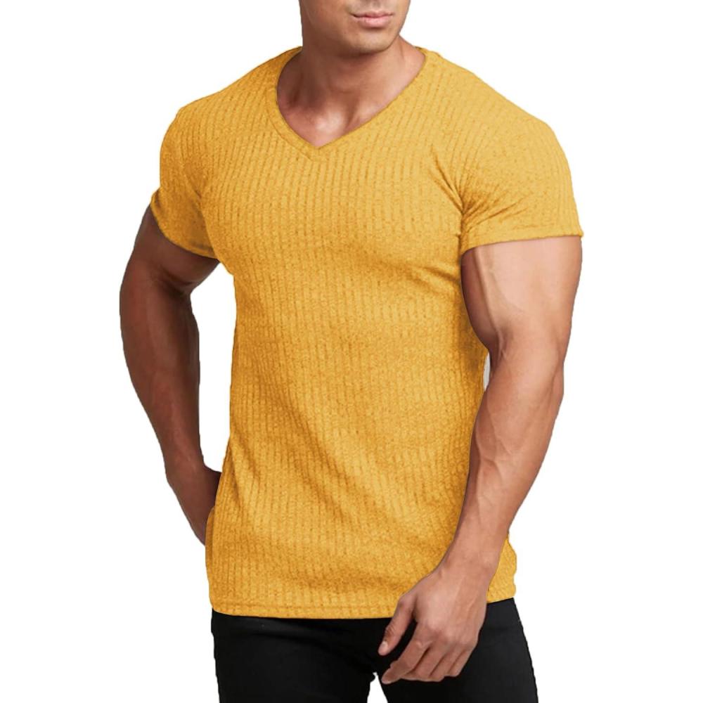 imageCOOFANDY Mens Muscle T Shirts Stretch Short Sleeve V Neck Bodybuilding Workout Tee Shirts Ribbed Knit ShirtYellow