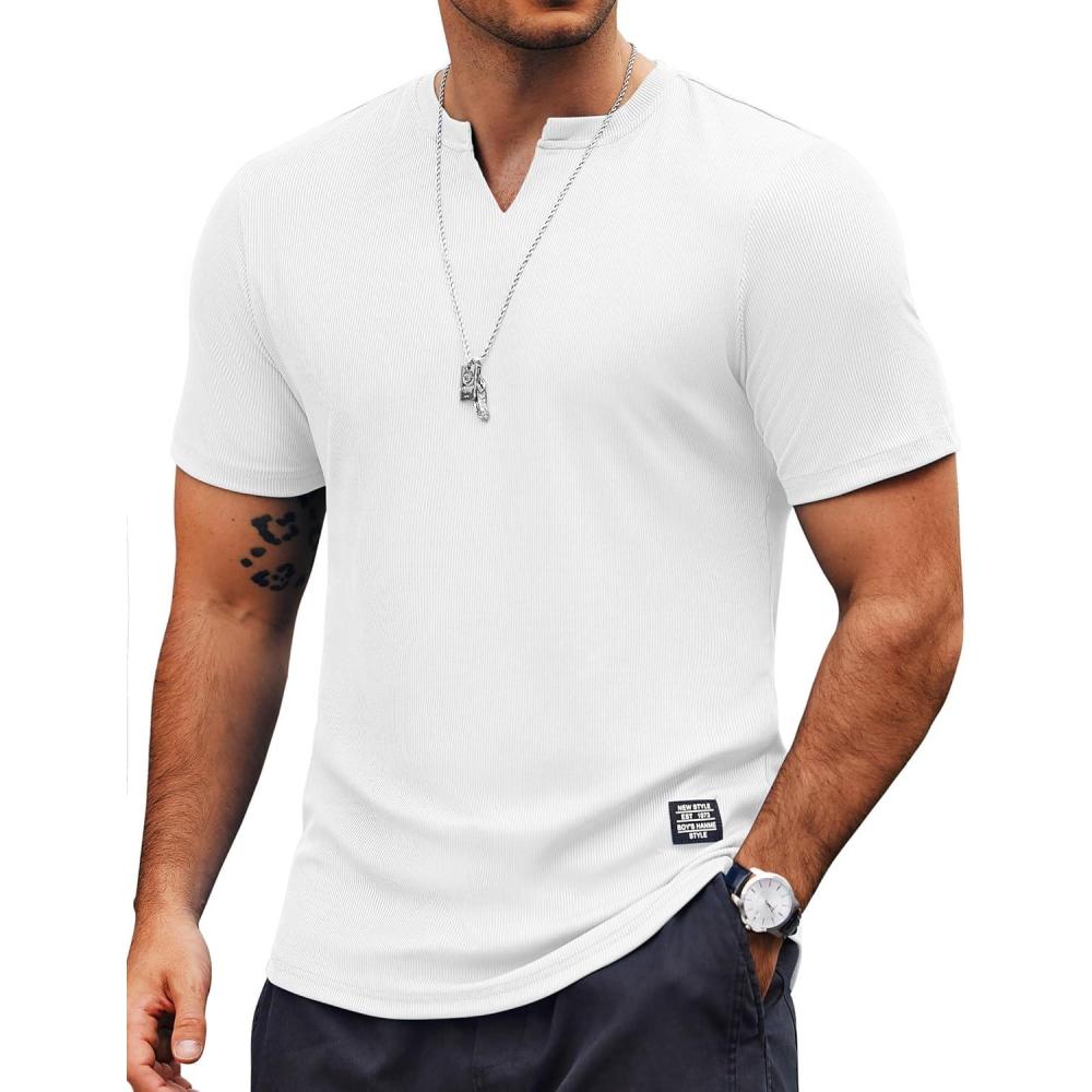 imageCOOFANDY Mens Muscle TShirts VNeck Slim Fit Workout Shirt Short Sleeve Longline Gym Athletic Tee ShirtsAwhite