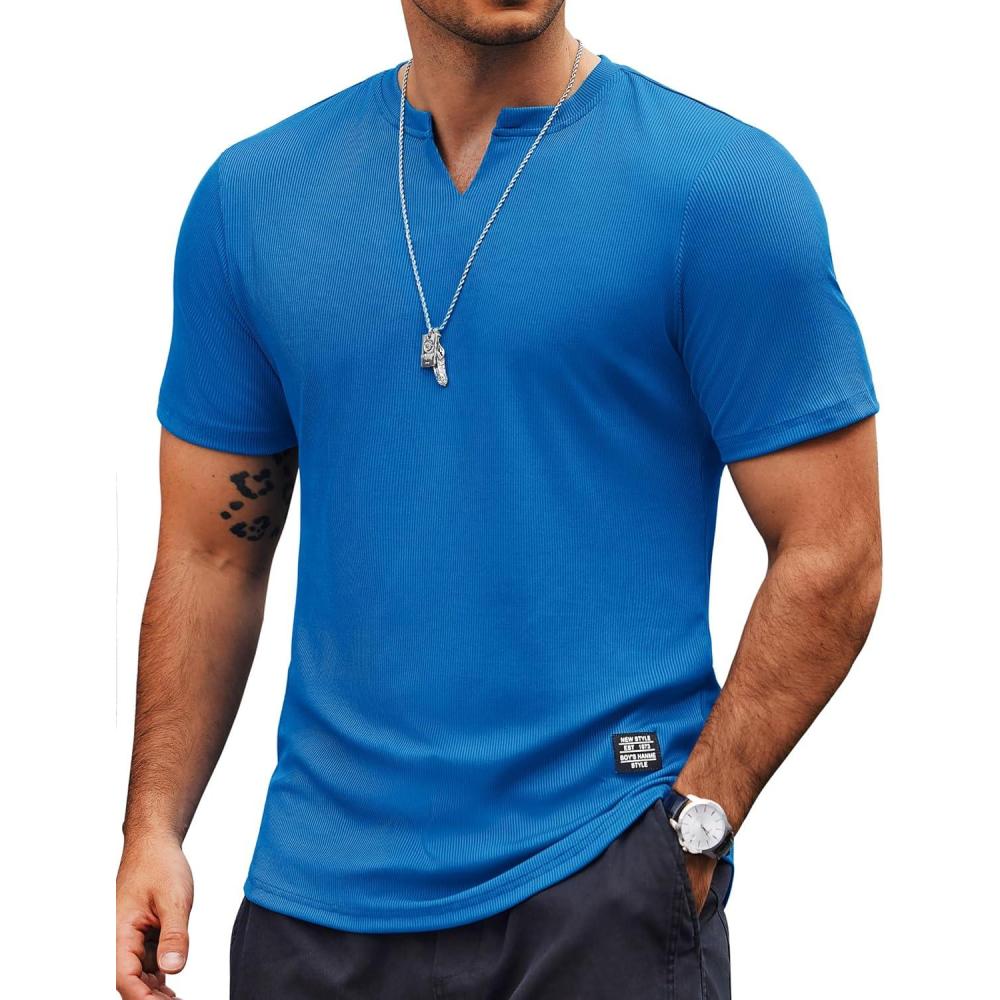 imageCOOFANDY Mens Muscle TShirts VNeck Slim Fit Workout Shirt Short Sleeve Longline Gym Athletic Tee ShirtsBlue