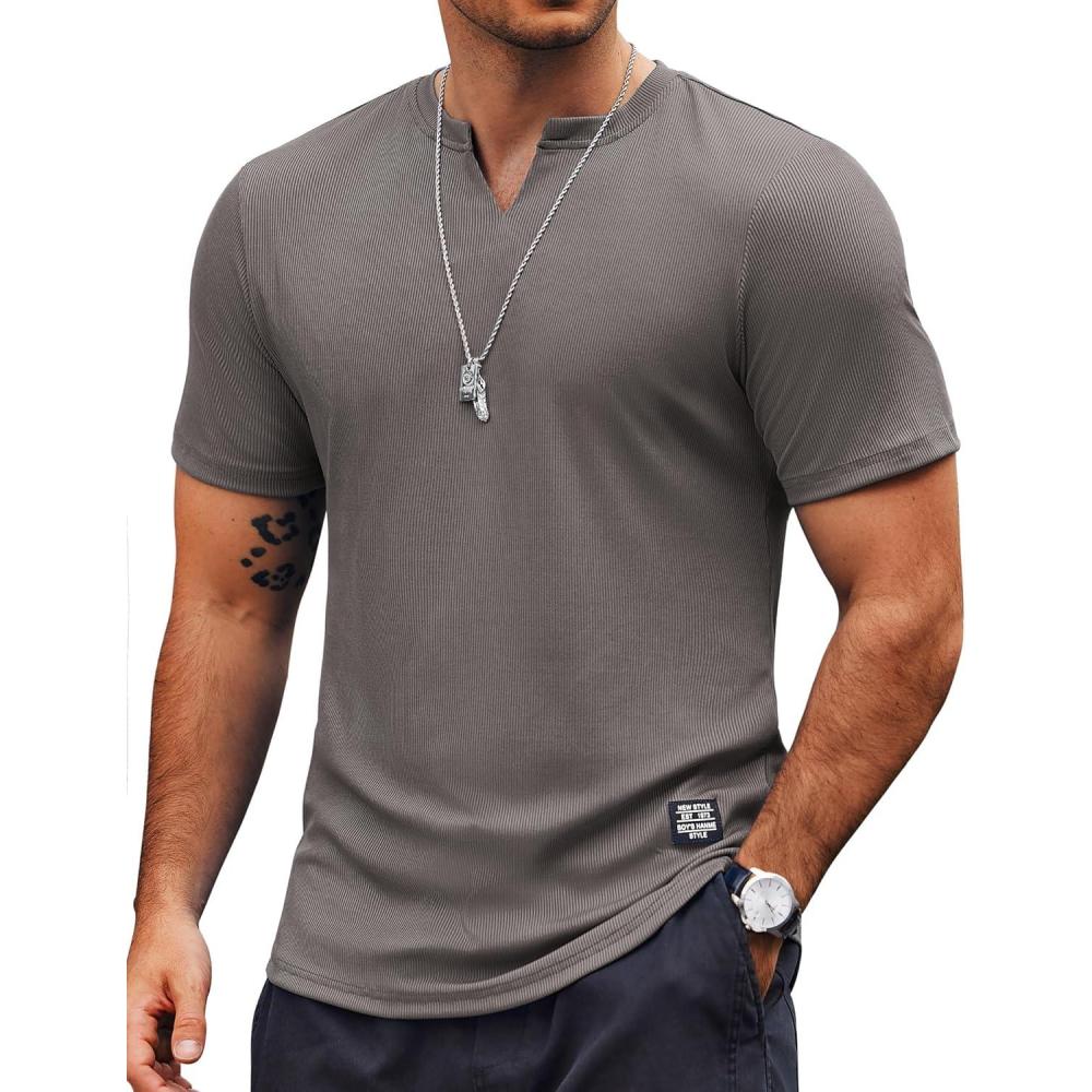 imageCOOFANDY Mens Muscle TShirts VNeck Slim Fit Workout Shirt Short Sleeve Longline Gym Athletic Tee ShirtsDark Grey