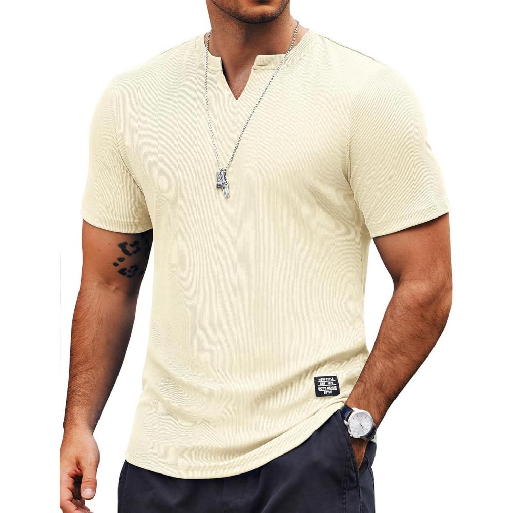 imageCOOFANDY Mens Muscle TShirts VNeck Slim Fit Workout Shirt Short Sleeve Longline Gym Athletic Tee ShirtsLight Beige