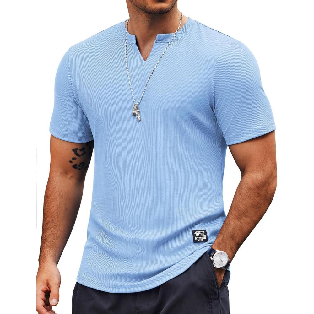 imageCOOFANDY Mens Muscle TShirts VNeck Slim Fit Workout Shirt Short Sleeve Longline Gym Athletic Tee ShirtsLight Blue