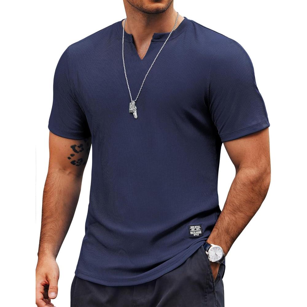 imageCOOFANDY Mens Muscle TShirts VNeck Slim Fit Workout Shirt Short Sleeve Longline Gym Athletic Tee ShirtsNavy Blue