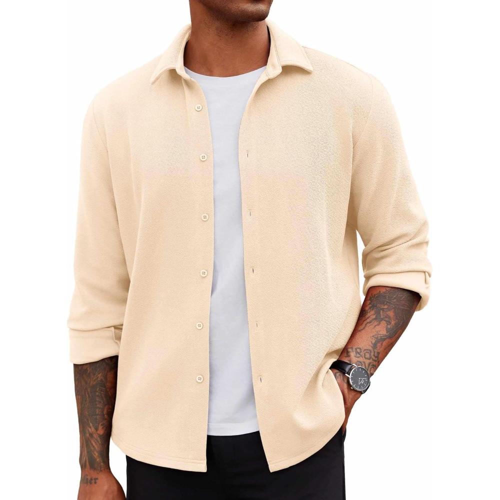 imageCOOFANDY Mens Overshirt Shacket Jacket Mens Textured Button Down Long Sleeve Shirts Fashion JacketBeige