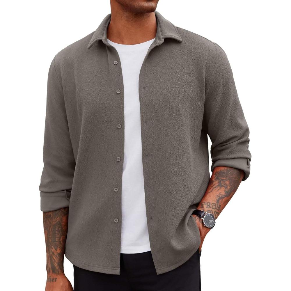 imageCOOFANDY Mens Overshirt Shacket Jacket Mens Textured Button Down Long Sleeve Shirts Fashion JacketDark Grey