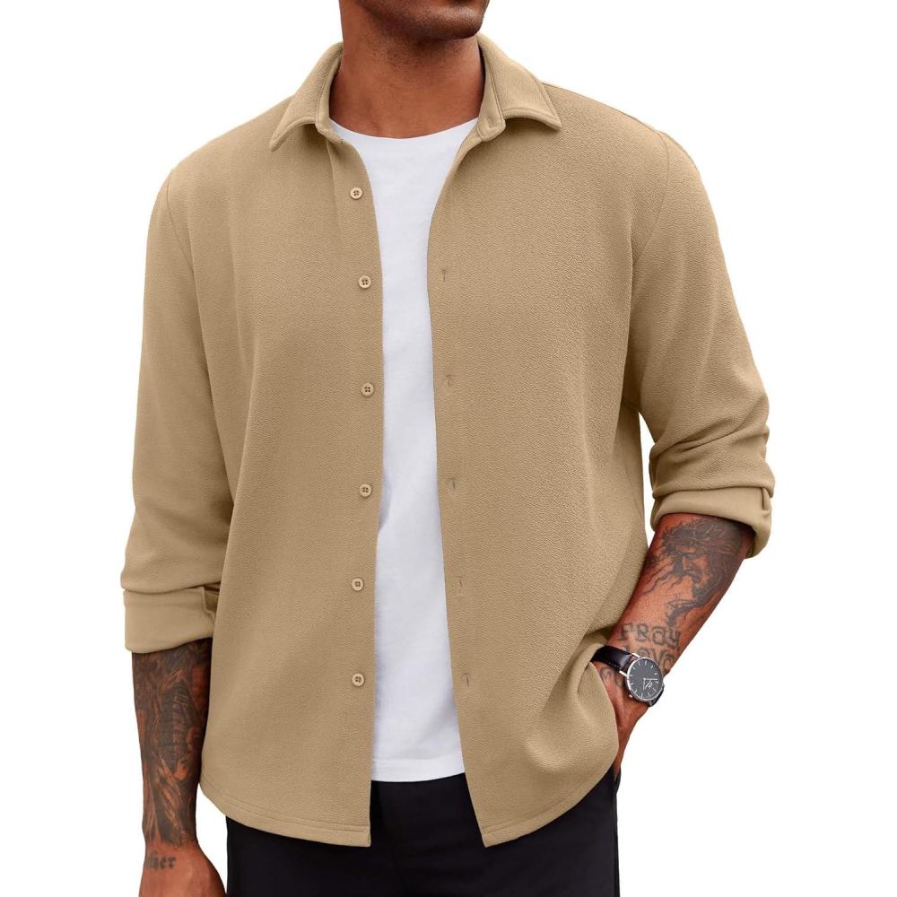 imageCOOFANDY Mens Overshirt Shacket Jacket Mens Textured Button Down Long Sleeve Shirts Fashion JacketKhaki