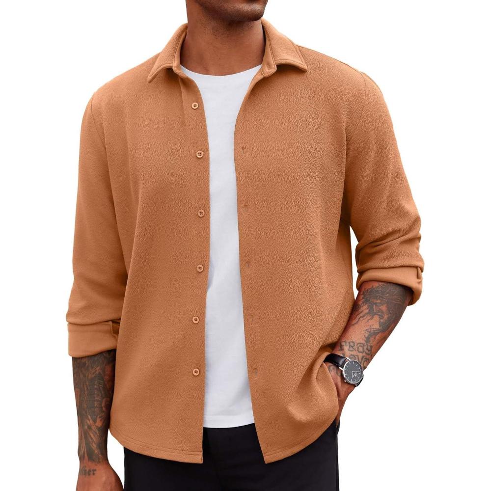 imageCOOFANDY Mens Overshirt Shacket Jacket Mens Textured Button Down Long Sleeve Shirts Fashion JacketLight Brown