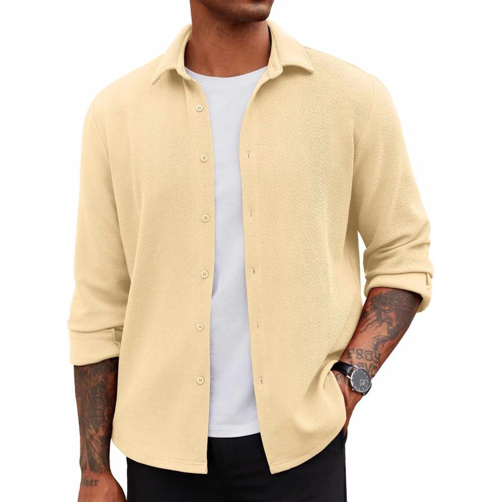 imageCOOFANDY Mens Overshirt Shacket Jacket Mens Textured Button Down Long Sleeve Shirts Fashion JacketLight Khaki