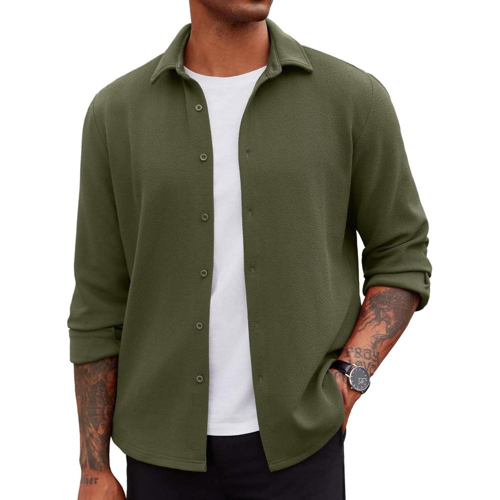imageCOOFANDY Mens Overshirt Shacket Jacket Mens Textured Button Down Long Sleeve Shirts Fashion JacketOlive Green