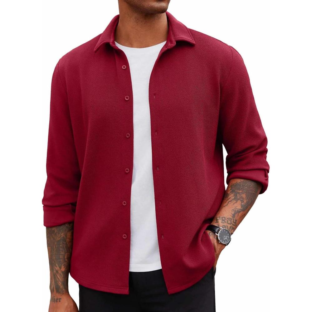 imageCOOFANDY Mens Overshirt Shacket Jacket Mens Textured Button Down Long Sleeve Shirts Fashion JacketWine Red
