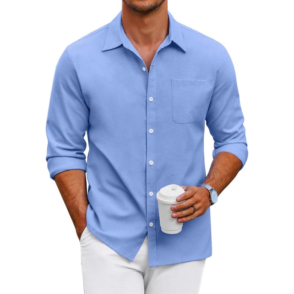 imageCOOFANDY Mens Oxford Shirt Long Sleeve Casual Button Down Shirts Regular Fit Dress ShirtsBlue