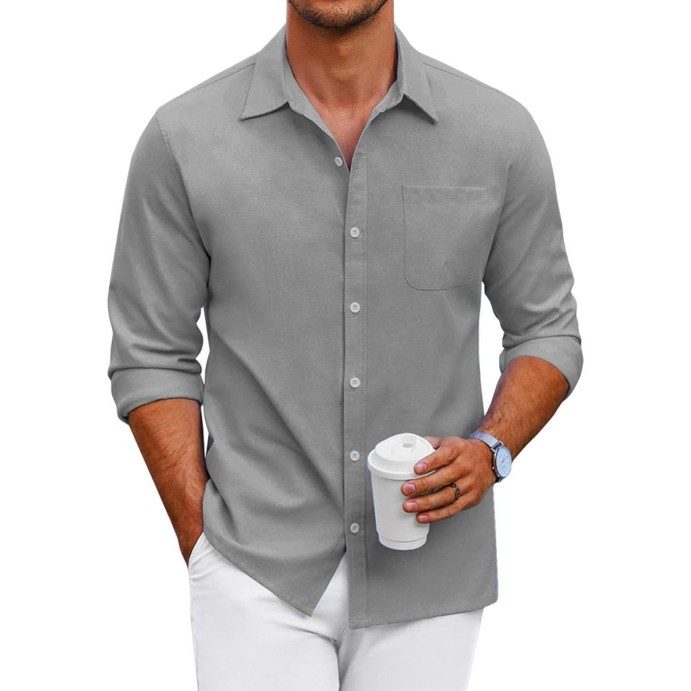 imageCOOFANDY Mens Oxford Shirt Long Sleeve Casual Button Down Shirts Regular Fit Dress ShirtsLight Grey
