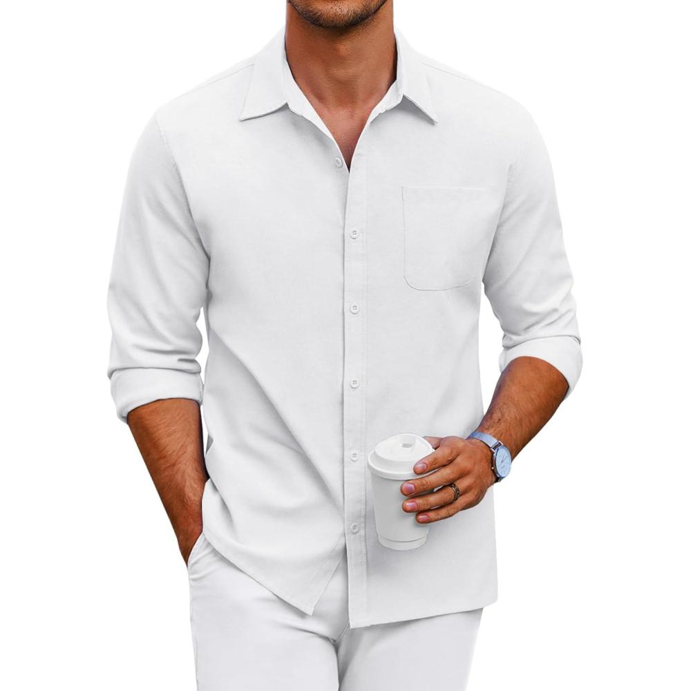 imageCOOFANDY Mens Oxford Shirt Long Sleeve Casual Button Down Shirts Regular Fit Dress ShirtsWhite