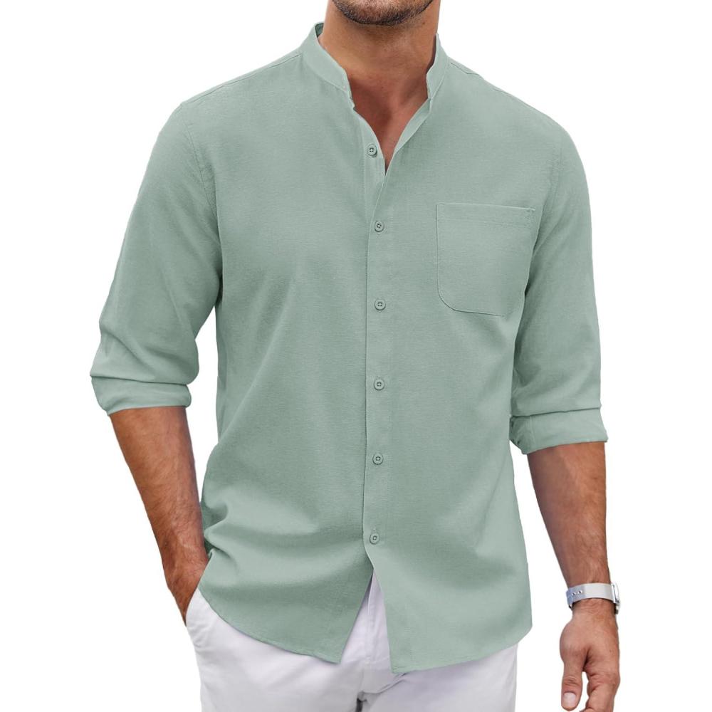 imageCOOFANDY Mens Oxford Shirts Long Sleeve Casual Button Down Shirts Band Collar Dress Shirt with PocketGreen