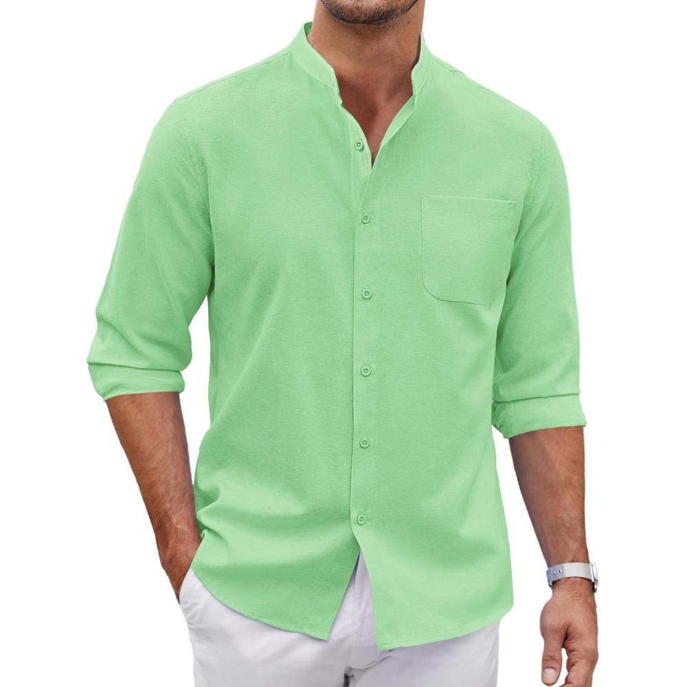 imageCOOFANDY Mens Oxford Shirts Long Sleeve Casual Button Down Shirts Band Collar Dress Shirt with PocketLight Green