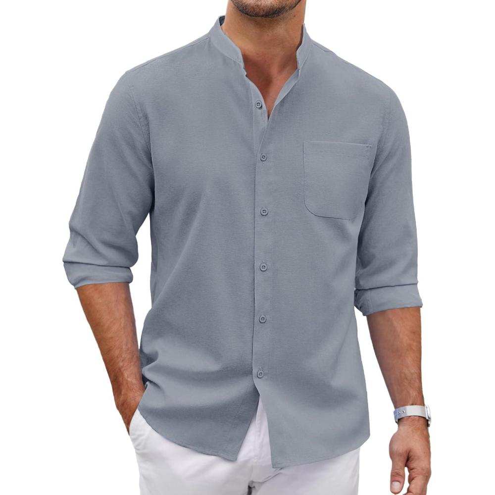 imageCOOFANDY Mens Oxford Shirts Long Sleeve Casual Button Down Shirts Band Collar Dress Shirt with PocketLight Grey