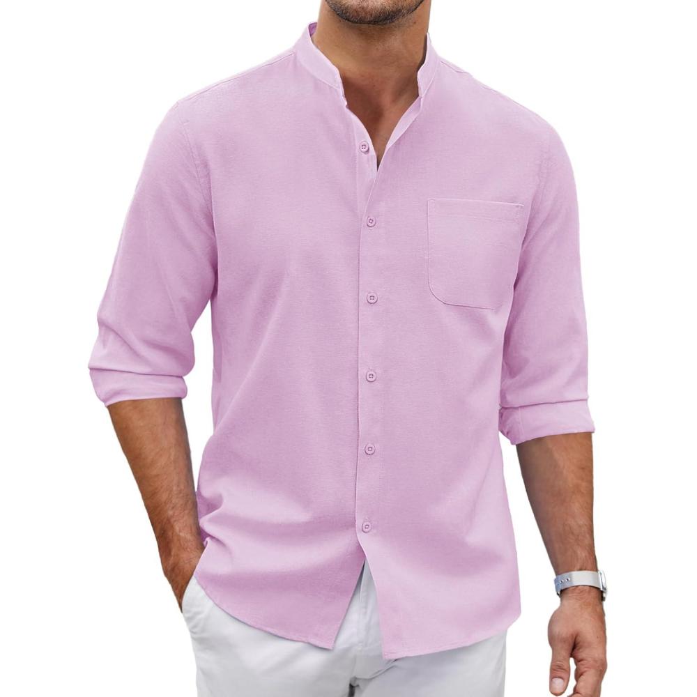 imageCOOFANDY Mens Oxford Shirts Long Sleeve Casual Button Down Shirts Band Collar Dress Shirt with PocketPink