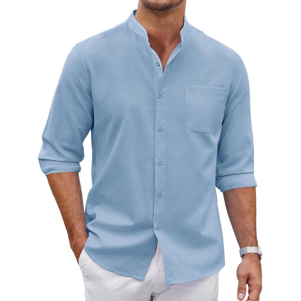 imageCOOFANDY Mens Oxford Shirts Long Sleeve Casual Button Down Shirts Band Collar Dress Shirt with PocketSky Blue