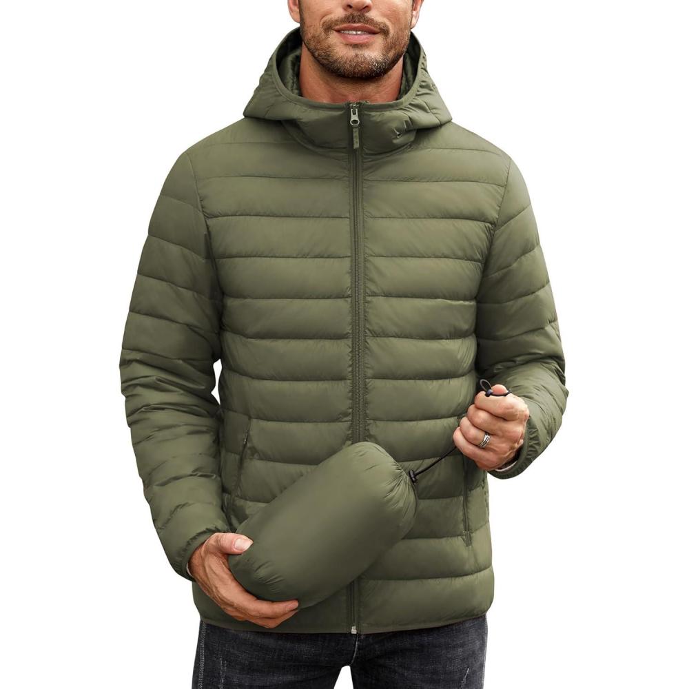 imageCOOFANDY Mens Packable Puffer Jacket Lightweight Hooded Insulated Winter Coat Windproof Zipper Down JacketArmy Green