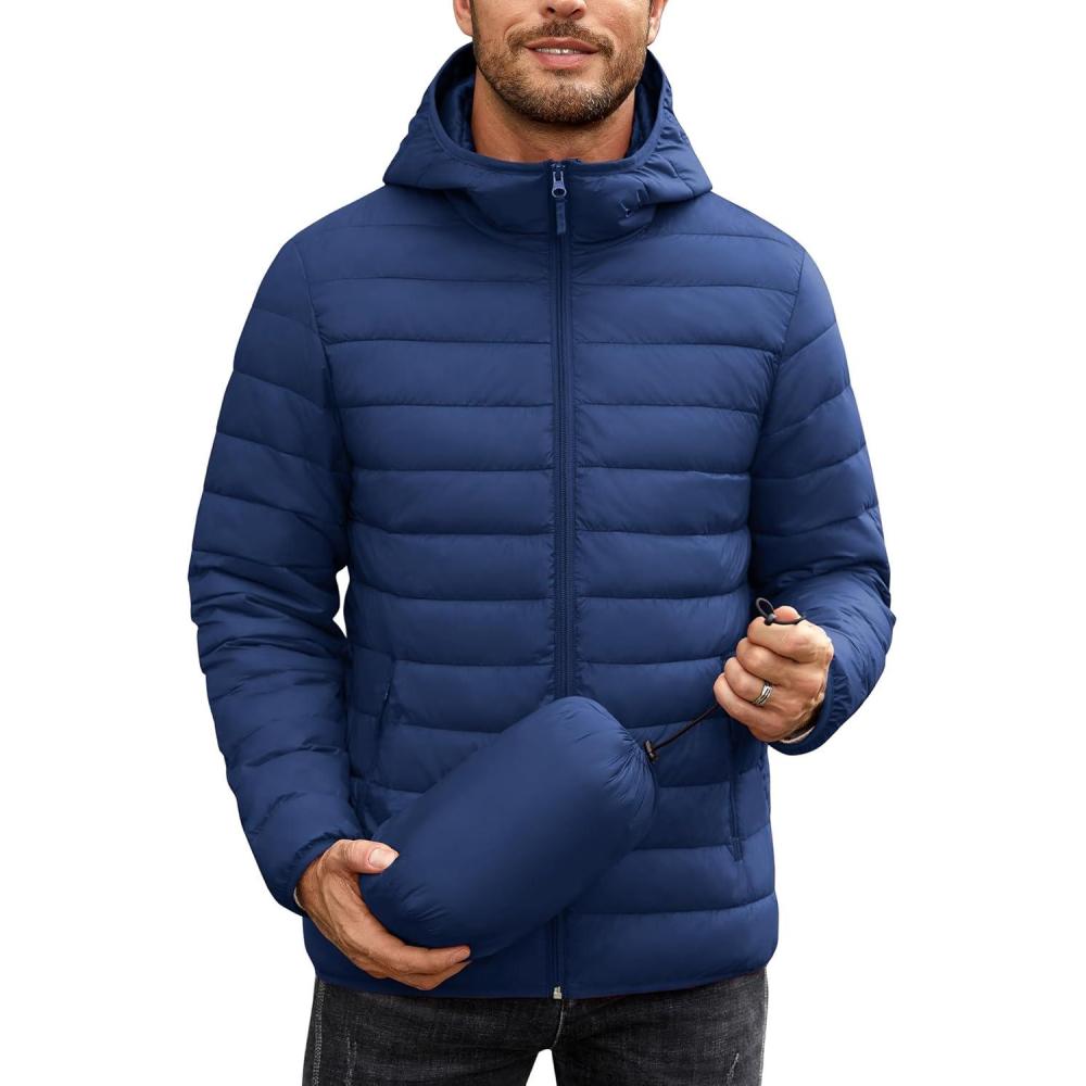 imageCOOFANDY Mens Packable Puffer Jacket Lightweight Hooded Insulated Winter Coat Windproof Zipper Down JacketBlue