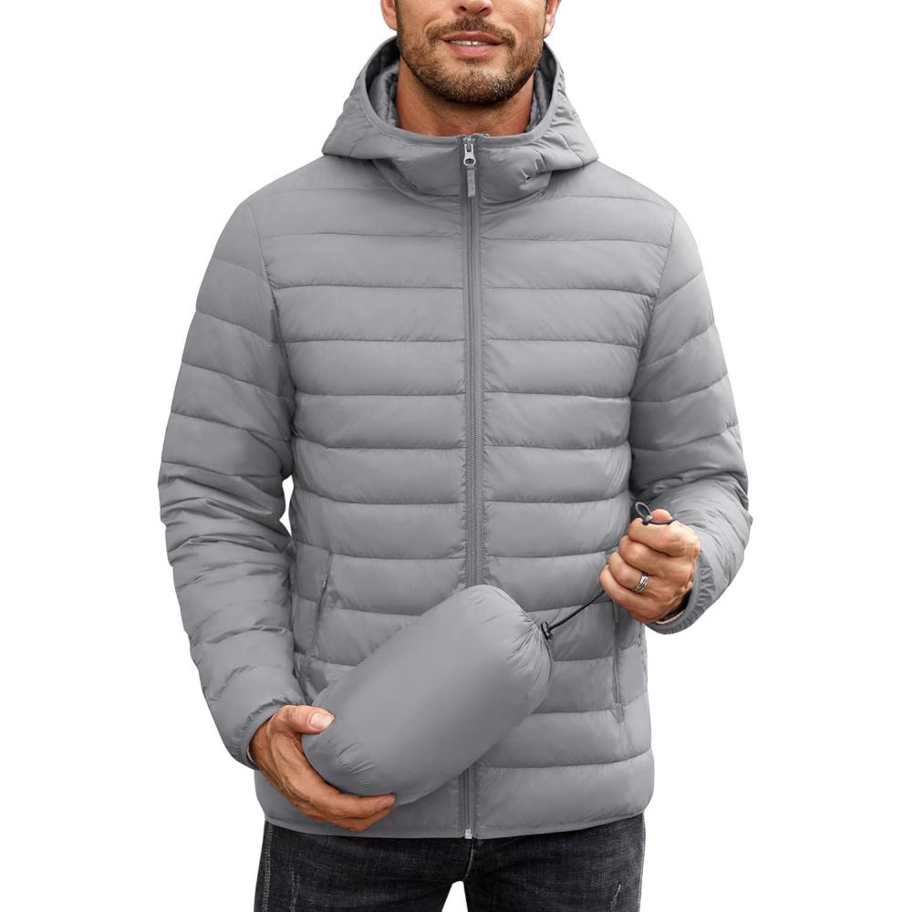 imageCOOFANDY Mens Packable Puffer Jacket Lightweight Hooded Insulated Winter Coat Windproof Zipper Down JacketLight Gray