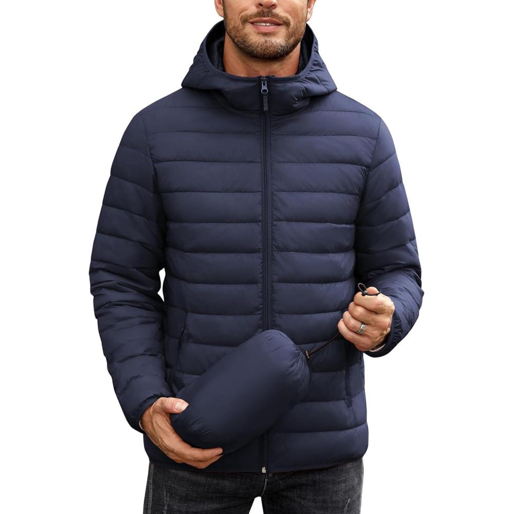 imageCOOFANDY Mens Packable Puffer Jacket Lightweight Hooded Insulated Winter Coat Windproof Zipper Down JacketNavy Blue
