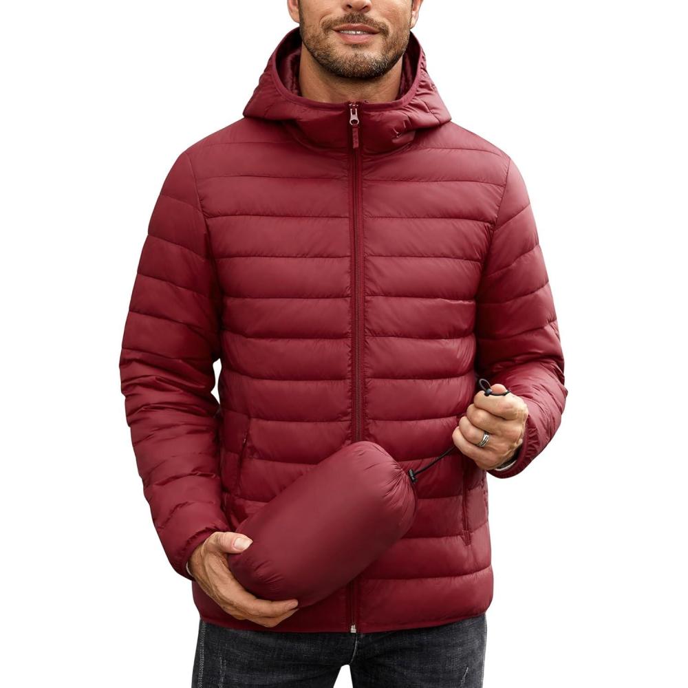 imageCOOFANDY Mens Packable Puffer Jacket Lightweight Hooded Insulated Winter Coat Windproof Zipper Down JacketRed