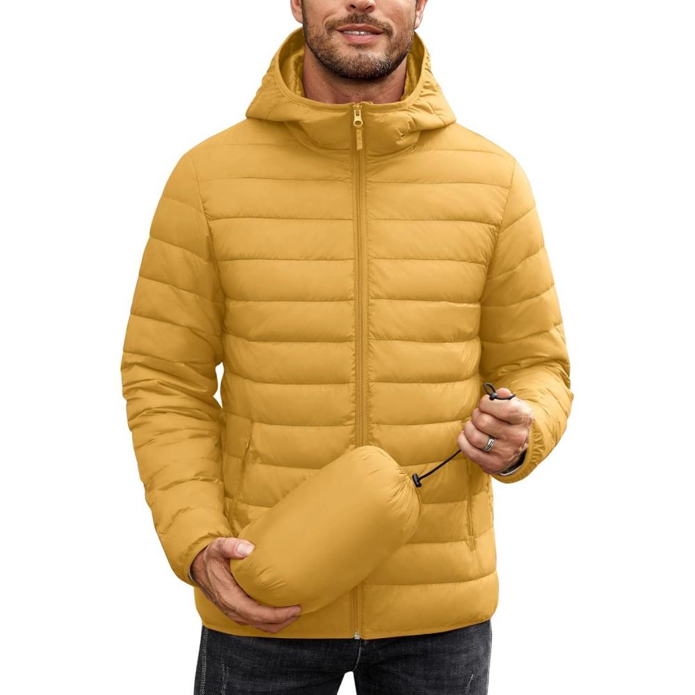 imageCOOFANDY Mens Packable Puffer Jacket Lightweight Hooded Insulated Winter Coat Windproof Zipper Down JacketYellow