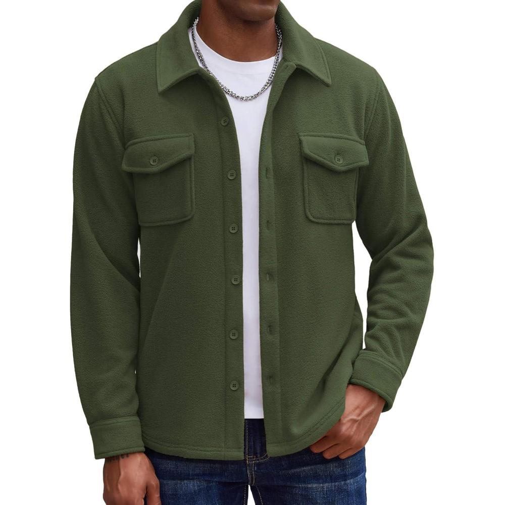 imageCOOFANDY Mens Polar Fleece Shirt Jacket Long Sleeve Casual Button Down Shirts Shacket with PocketsArmy Green