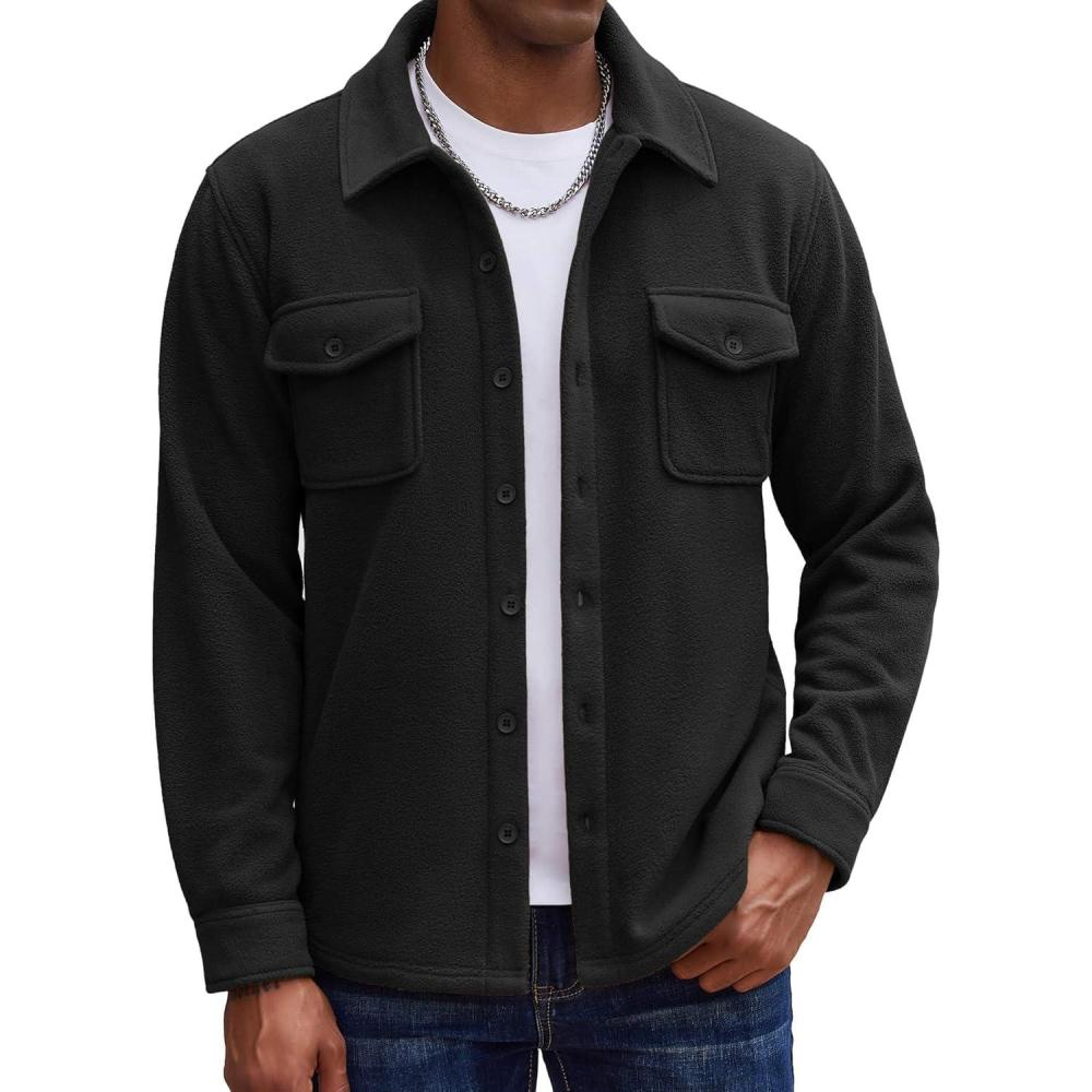 imageCOOFANDY Mens Polar Fleece Shirt Jacket Long Sleeve Casual Button Down Shirts Shacket with PocketsBlack