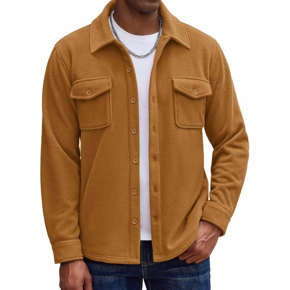 imageCOOFANDY Mens Polar Fleece Shirt Jacket Long Sleeve Casual Button Down Shirts Shacket with PocketsLight Brown