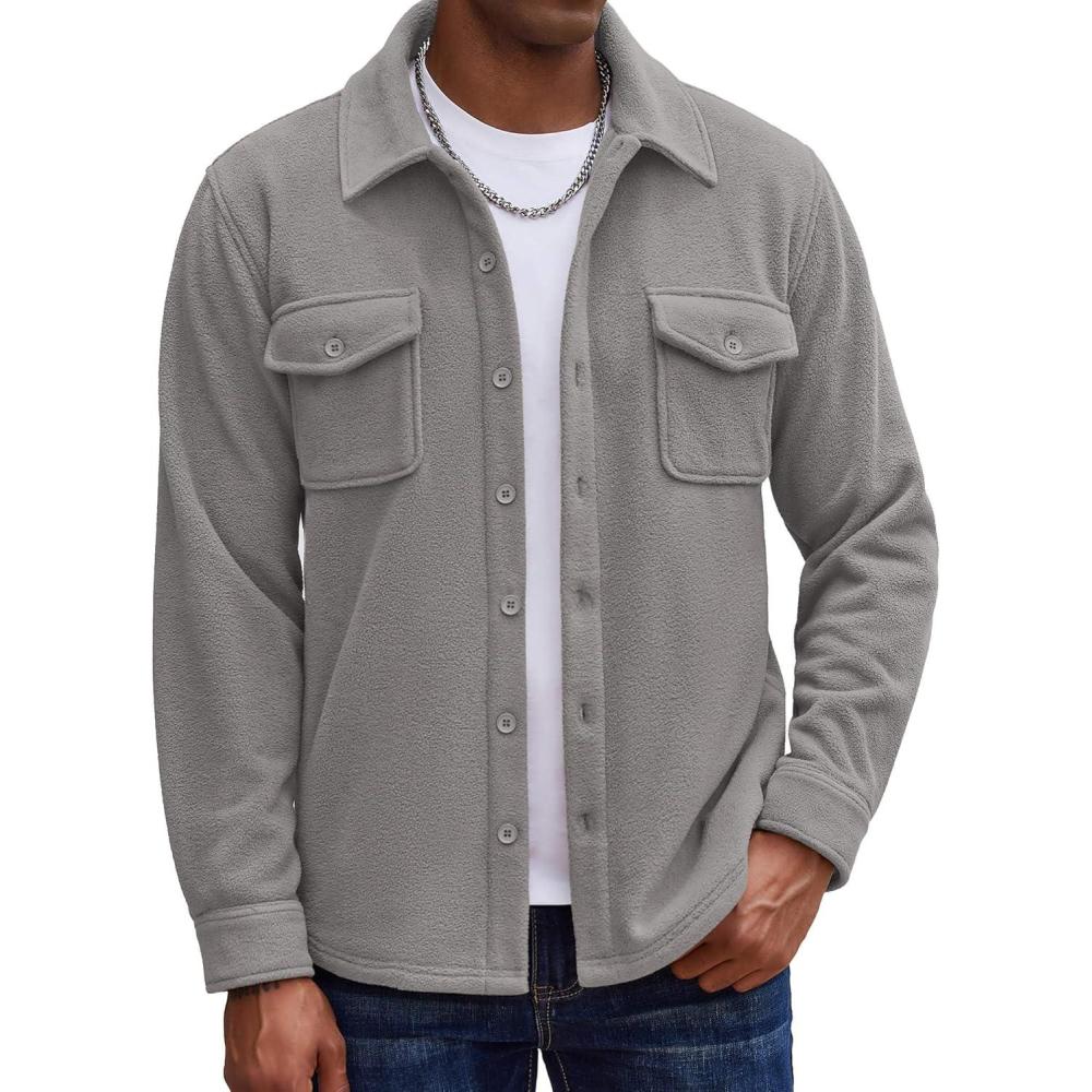 imageCOOFANDY Mens Polar Fleece Shirt Jacket Long Sleeve Casual Button Down Shirts Shacket with PocketsLight Gray