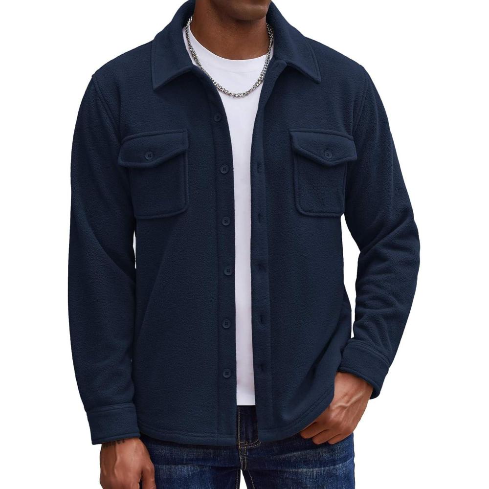 imageCOOFANDY Mens Polar Fleece Shirt Jacket Long Sleeve Casual Button Down Shirts Shacket with PocketsNavy Blue