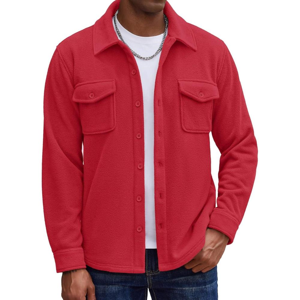imageCOOFANDY Mens Polar Fleece Shirt Jacket Long Sleeve Casual Button Down Shirts Shacket with PocketsRed